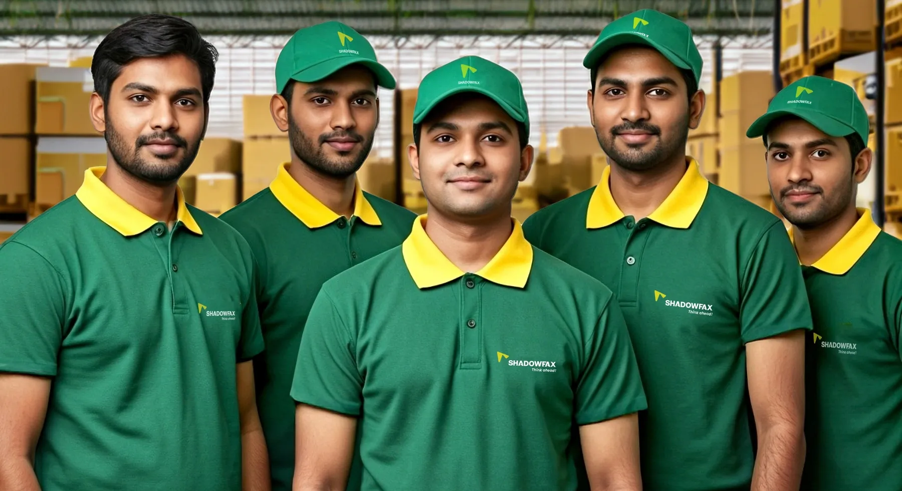 Group of delivery staff in green branded uniforms and caps.